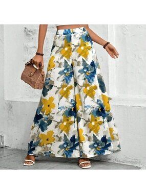 White Boho Women's Floral Print Super Wide-Leg Pants